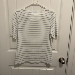 Sigrid Olsen Women's‎ Top White Blue Stripes Boat Neck Short Sleeve Size Large